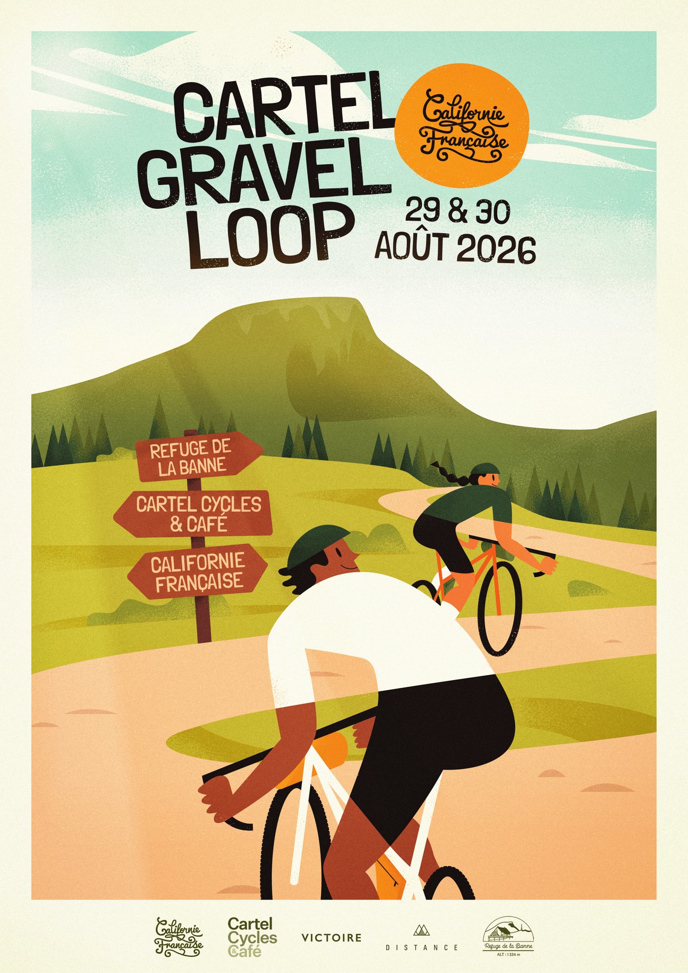 Affiche de la Cartel Gravel Loop, 3e édition, samedi 29 et dimanche 30 août 2026 — départ et arrivée Cartel Cycles & Café, Clermont-Ferrand